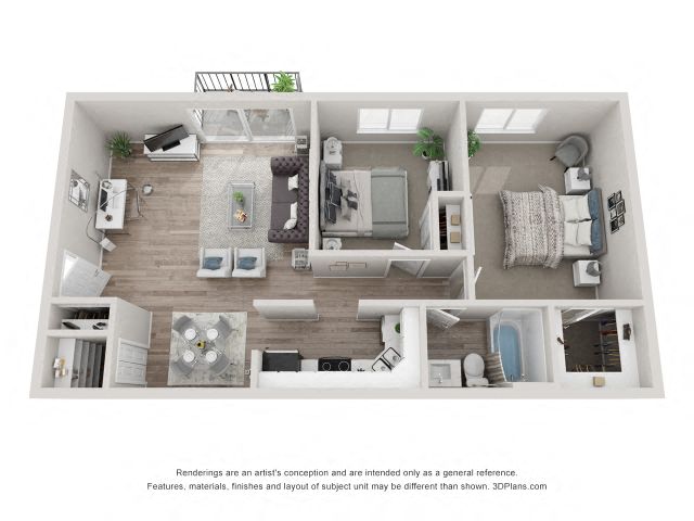 Floor plan for 2 beds, 1 bath, 875 sqft